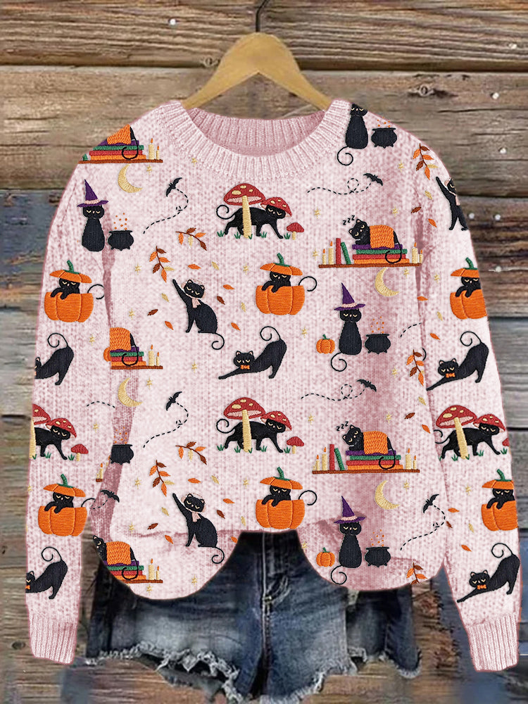 Black Cat Pumpkin Embroidery Pattern Knit Sweater artswardrobe