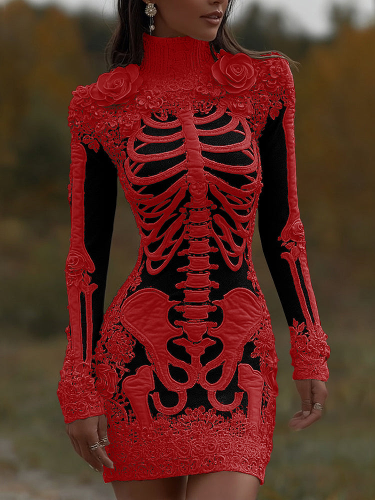 Women's Halloween Skeleton Bones With Rose Art Cozy Knit Turtleneck Mini Sweater Dress artswardrobe