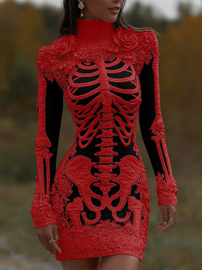 Women's Halloween Skeleton Bones With Rose Art Cozy Knit Turtleneck Mini Sweater Dress artswardrobe