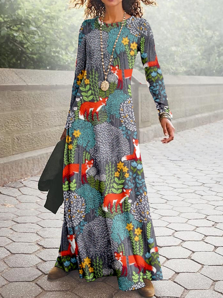Fox in the Forest Graphic Vintage Cozy Maxi Dress artswardrobe