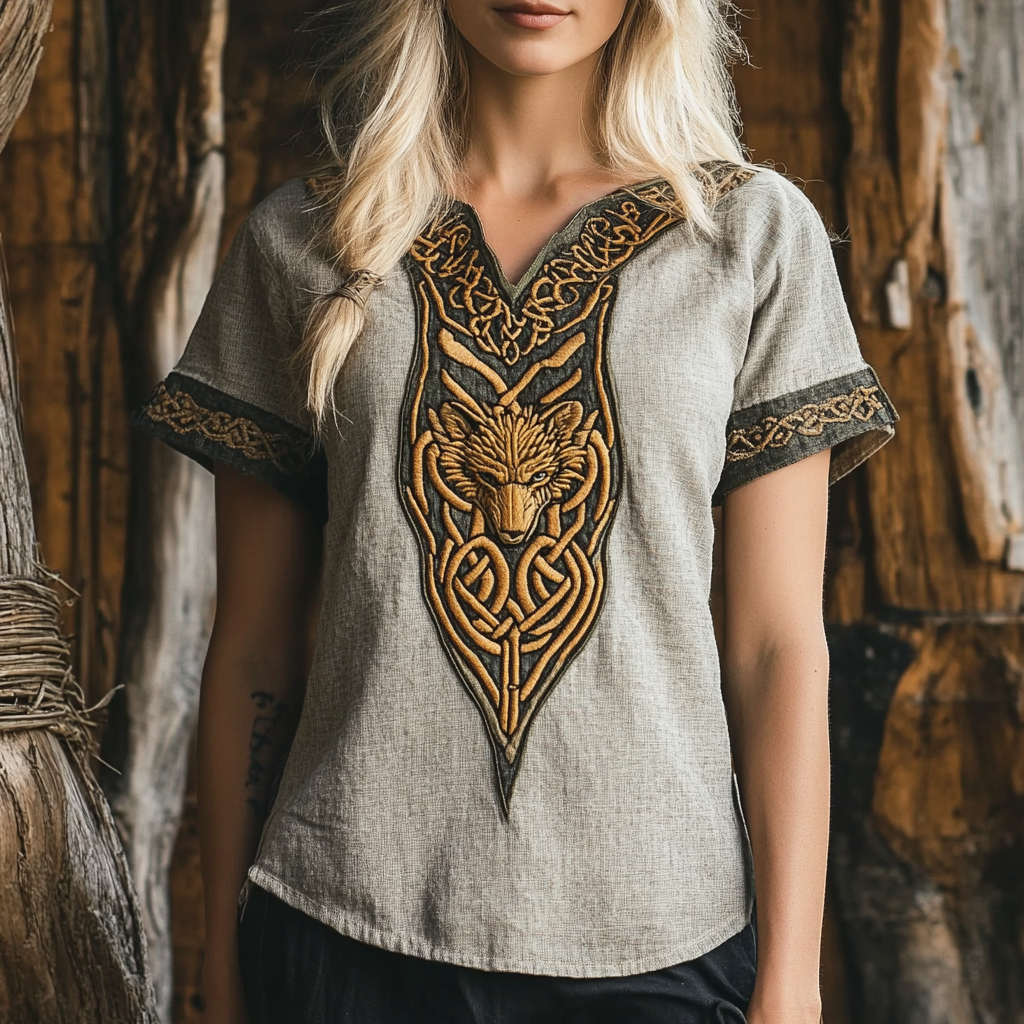 Womens Tribal Viking Wolf Celtic Knot Linen Shirt artswardrobe