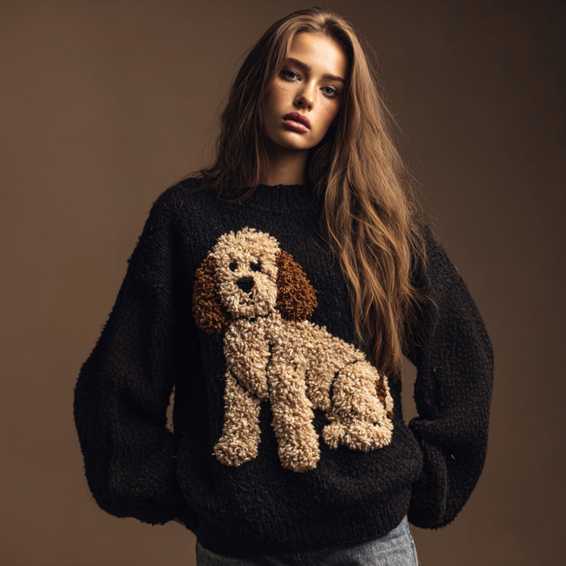 Comstylish Vintage Fuzzy Dog Crochet Cozy Knit Sweater