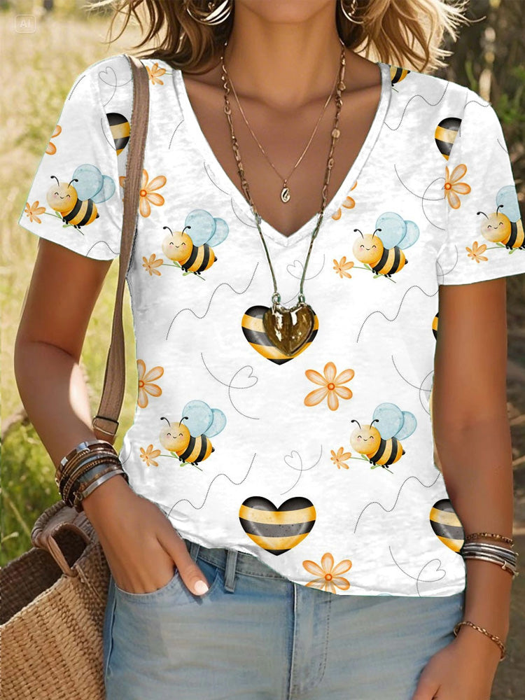Women’s Bees Print V-neck T-shirts artswardrobe