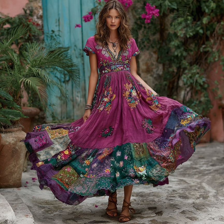 Women's Retro Flower Embroidery Patchwork Art V-neck Short Sleeve Maxi Dress artswardrobe