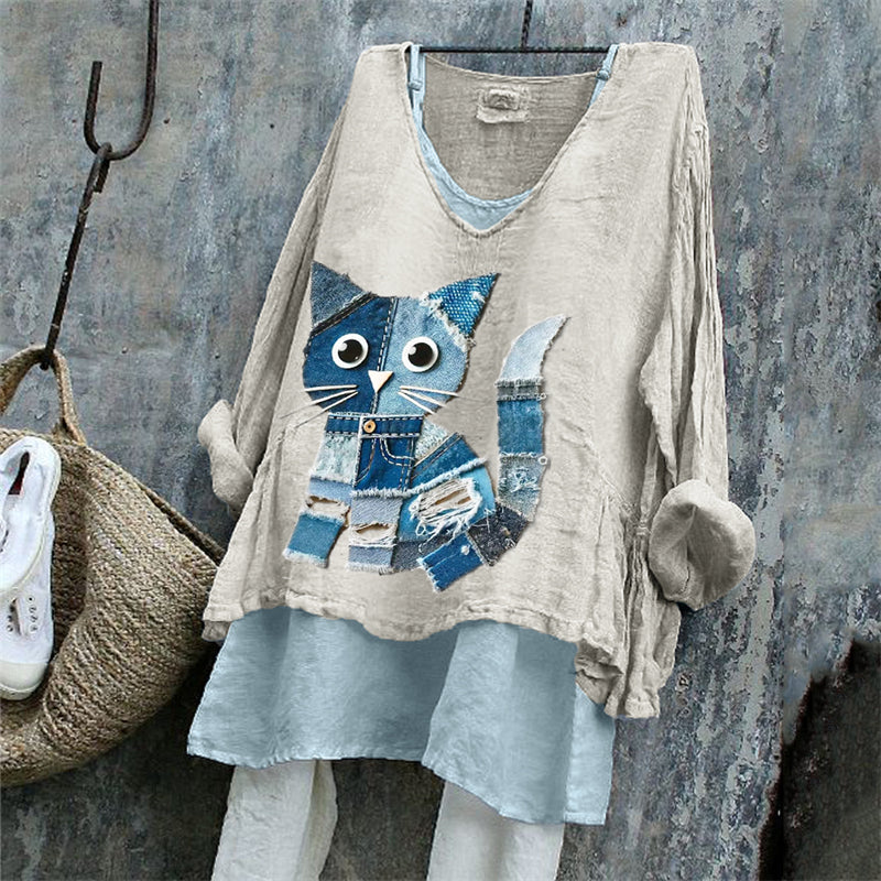 Comstylish Lovely Cat Denim Textile Art Linen Tunic