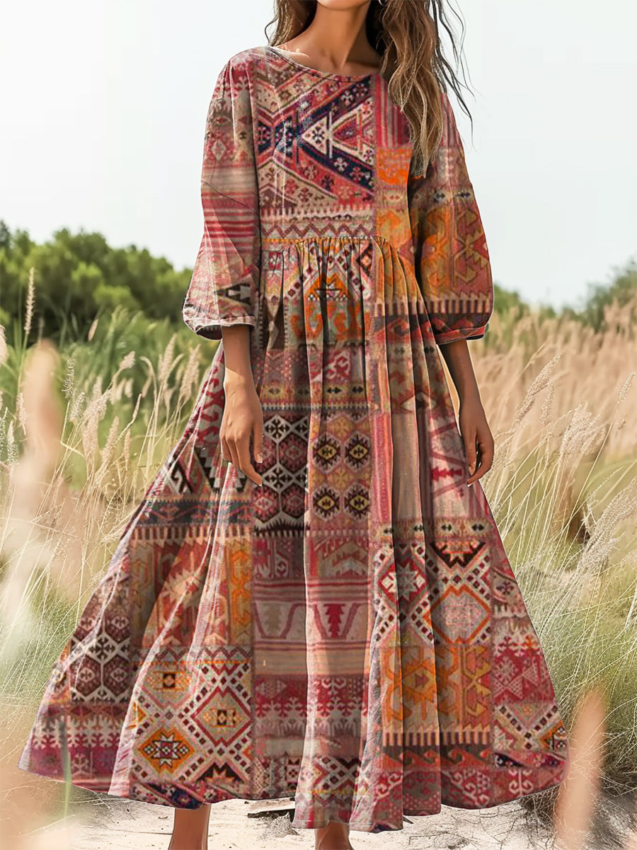 Women's Vintage Ethnic Floral Art Print Flowy Cotton Crew Neck Dress