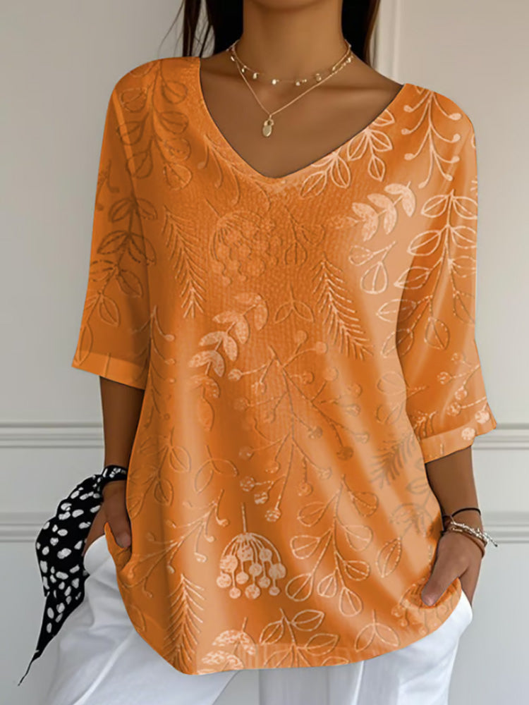 Women's Autumn Style Print V-neck T-shirt artswardrobe