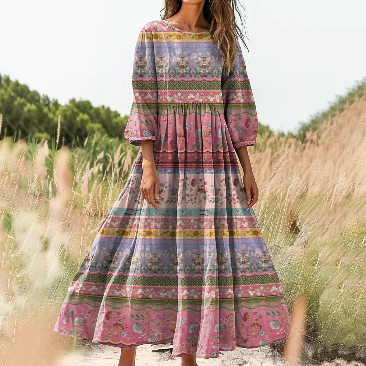 Women's Floral Art Print Cotton Crew Neck Dress