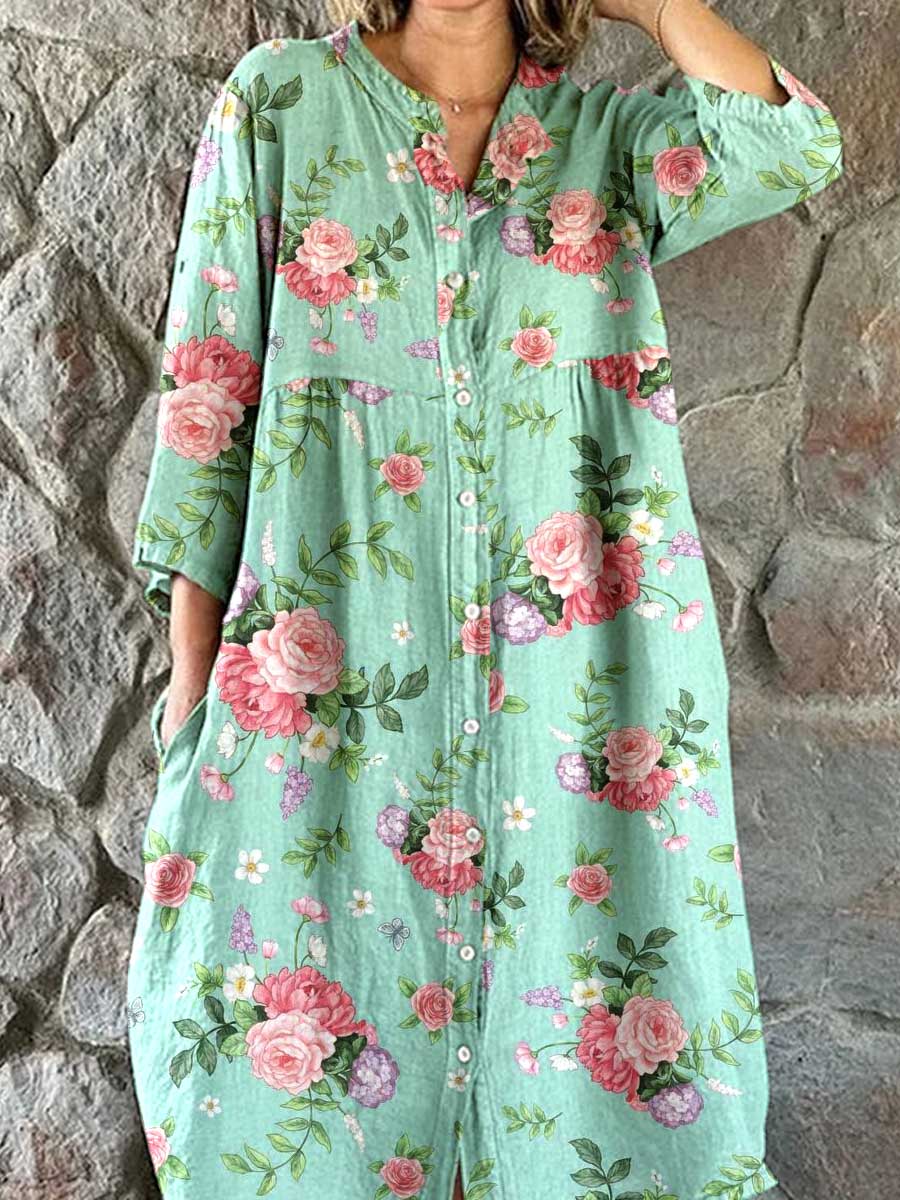 Women's Resort Art Rose Floral Cotton Shirt Dress