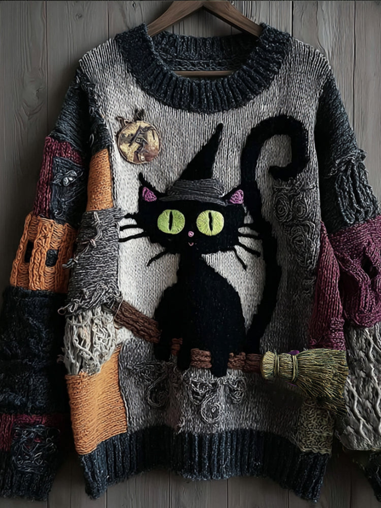 Halloween Witch Cat Patchwork Vintage Warm Sweater artswardrobe