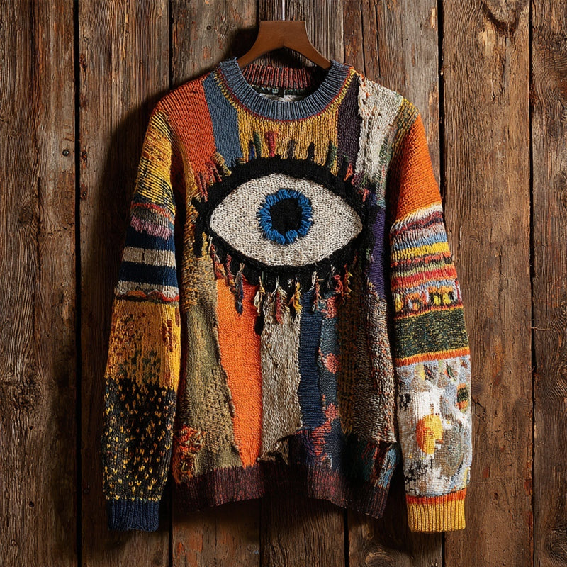 Vintage Spooky Eyeball Halloween Patchwork Cozy Knit Sweater elevenforest