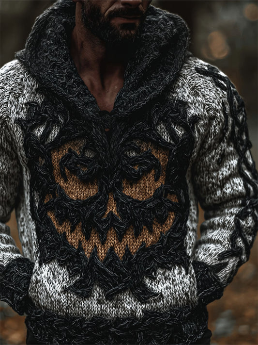 Men's Halloween Pumpkin Face Contrast Hooded Cozy Chunky Sweater artswardrobe