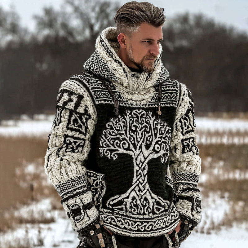Men's Vintage Viking Tree Of Life Art Jacquard Knitted Cozy Hooded Sweater artswardrobe