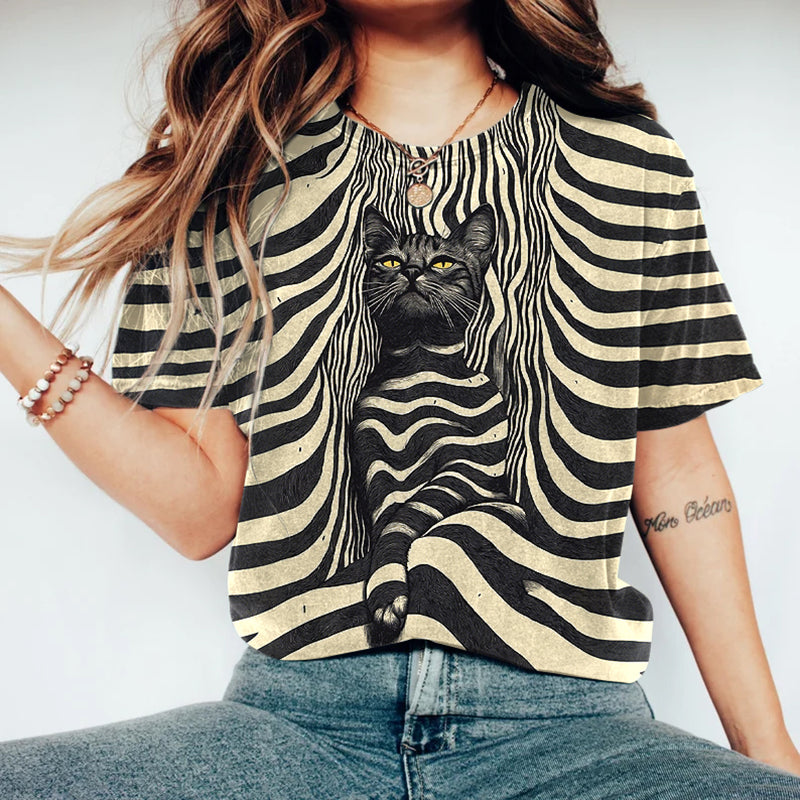 Comstylish Abstract Creative Black Cat Painting Art Print T-shirt