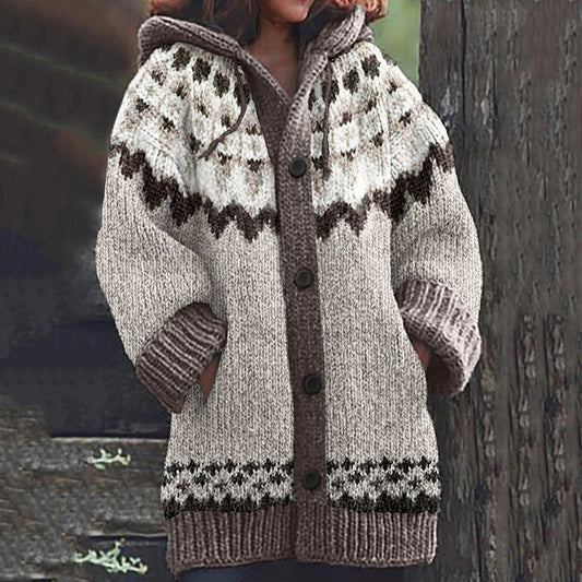 Vintage Geometry Contrast Jacquard Button Cozy Sweater elevenforest