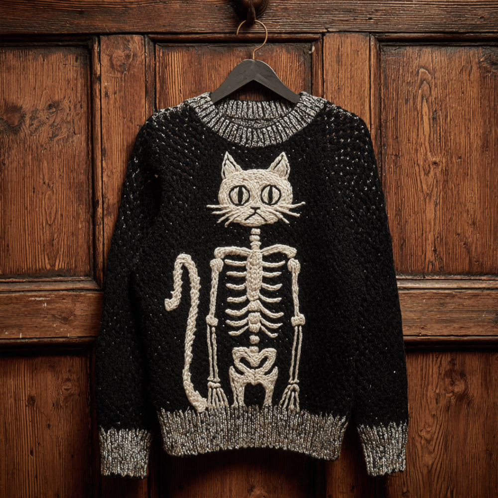 Women Halloween Cat Skull Art Making Old Round Neck Sweater artswardrobe