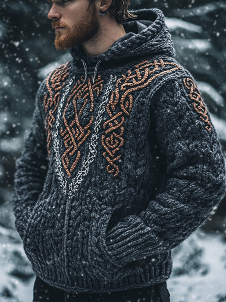 Men's Vintage Viking Inspired Celtic Jacquard Hooded Sweater artswardrobe