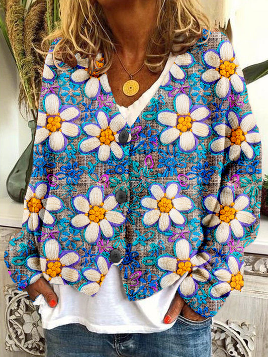 Retro Daisies Embroidery Pattern Cozy Cardigan elevenforest