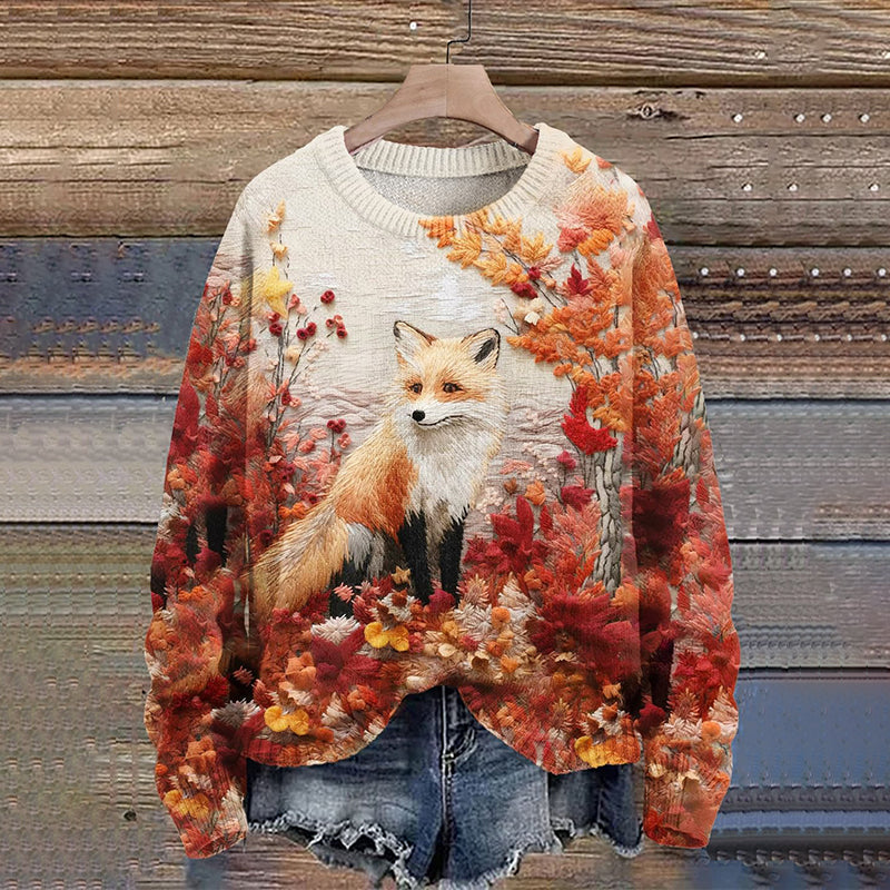 Autumn And Winter Deciduous Maple Leaf Fox Art Print Knit Pullover Sweater artswardrobe
