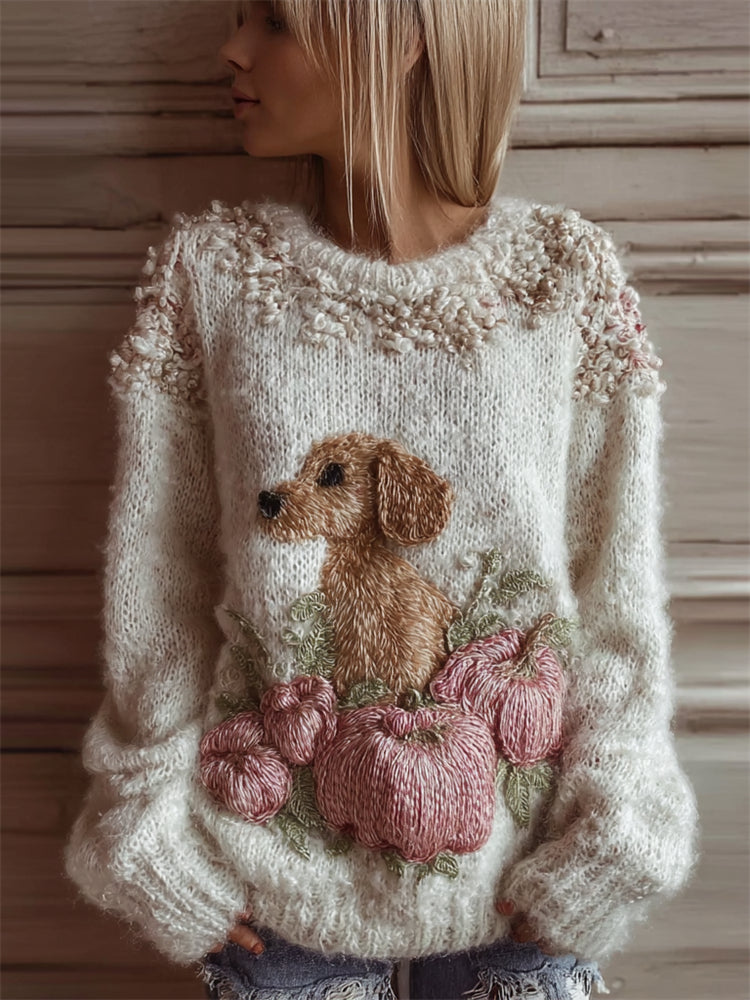 Lovely Dog & Pink Pumpkins Cozy Fuzzy Knit Sweater artswardrobe