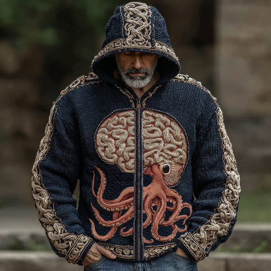 Halloween Cthulhu Octopus Human Brain Anatomy Inspired Celtic Knot Jacquard Zipper Hooded Cardigan artswardrobe