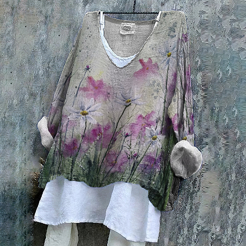 Comstylish Floral Print V-Neck Loose Casual Blouse