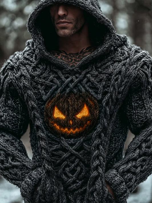 Halloween Viking Evil Pumpkin Light Men's Chunky Knit Hooded Sweater elevenforest