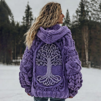 Women's Vintage Viking Tree Of Life Cozy Knit Hooded Sweater artswardrobe