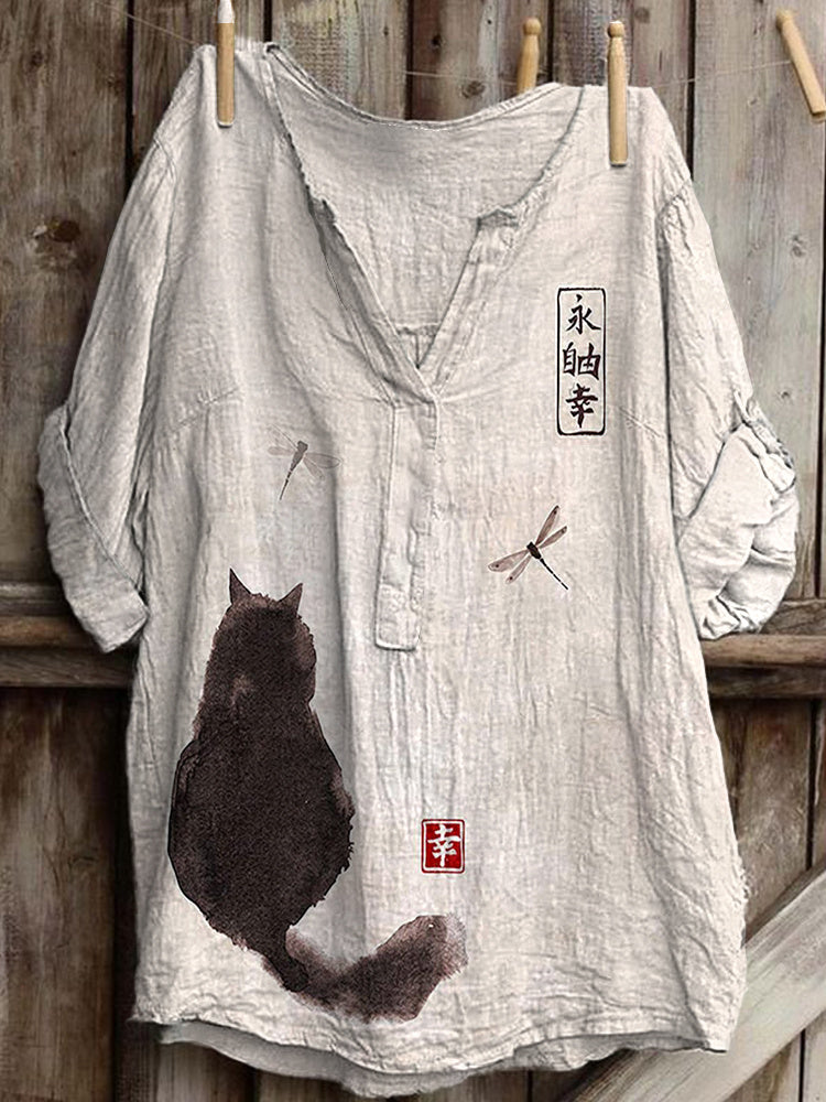 Cat Ink Painting Art Print Linen Blend V-neck Shirt elevenforest