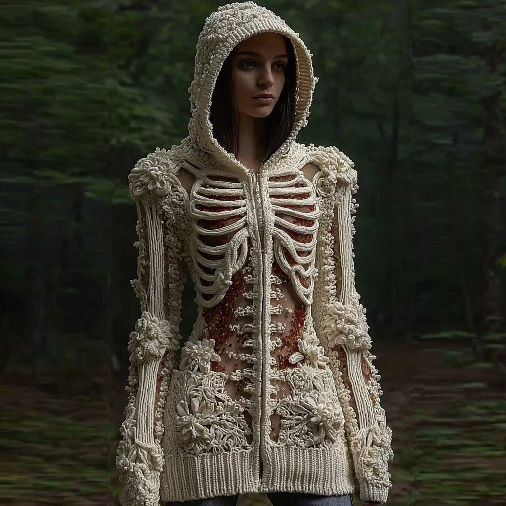 Women's Halloween Sequined Skull Cozy Knit Zip-up Sweater artswardrobe