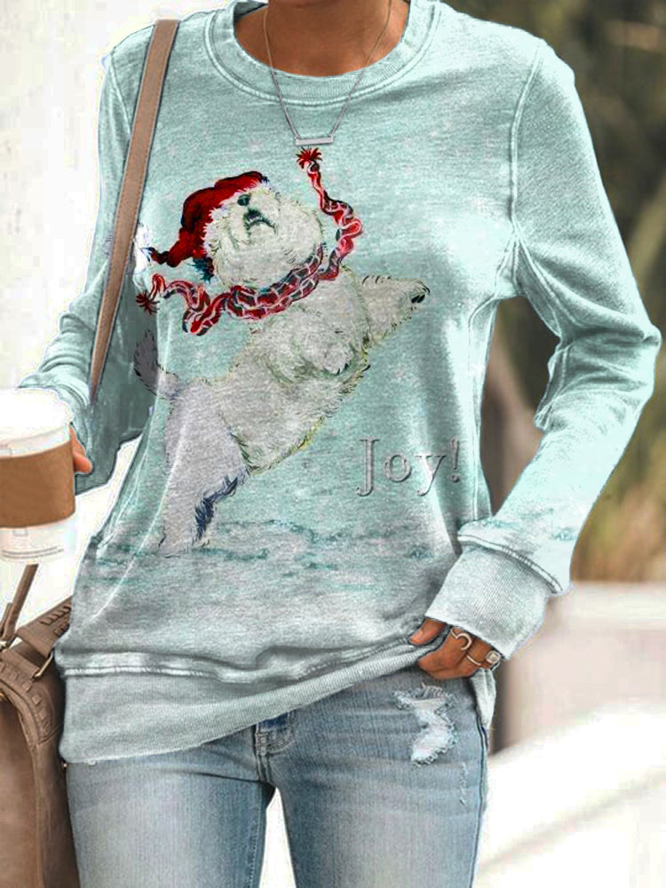 Comstylish Happy Christmas Dog Print Women's Long Sleeve T-Shirt