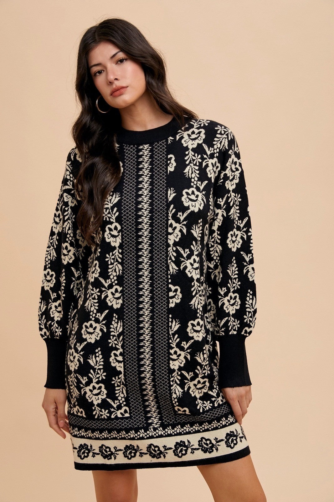Milagros® | Floral jacquard crew neck sweater dress