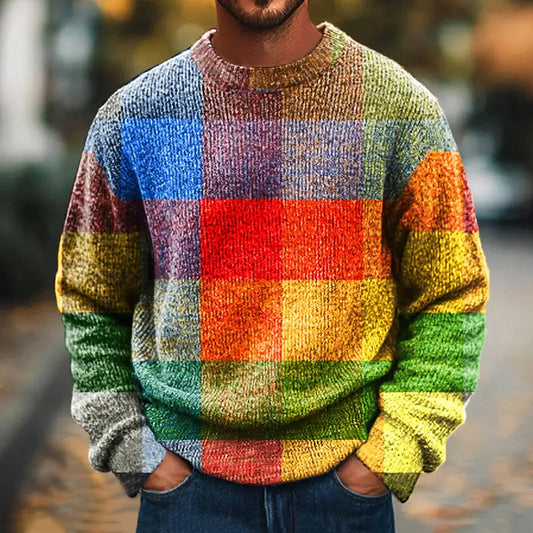 Vintage Color Block Line Art Print Knit Crewneck Sweater elevenforest