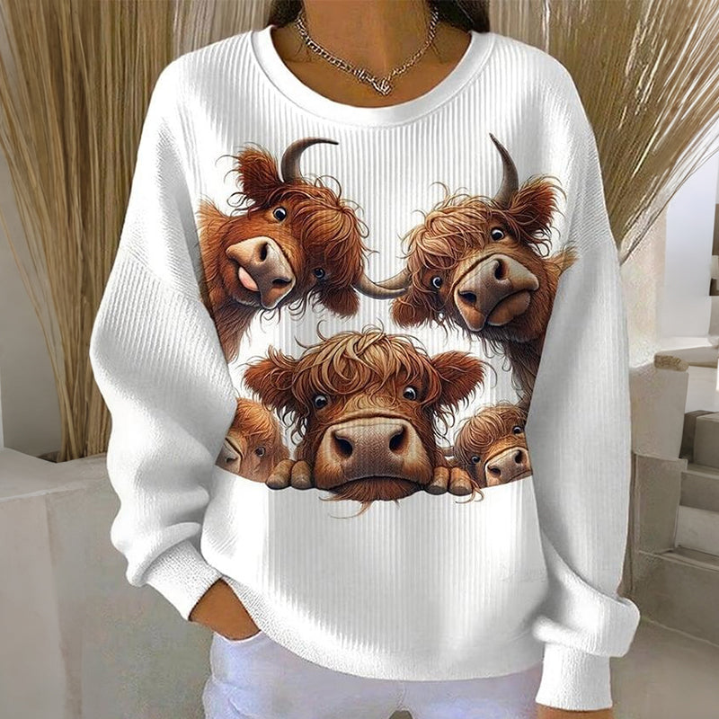 Women's Highland Cow Print Crew Neck Long Sleeve Sweatshirt artswardrobe