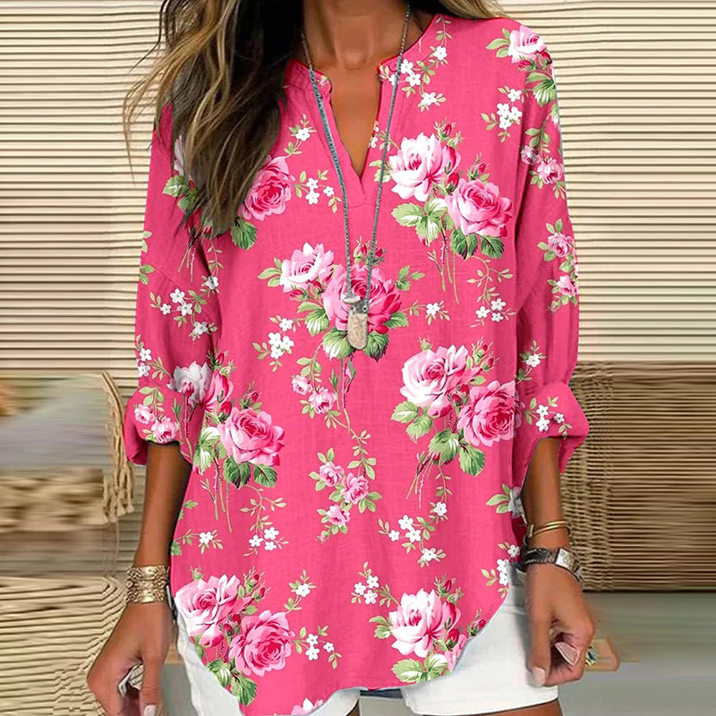 Comstylish Women's Floral Print V-neck Long Sleeved Linen Blend Shirt