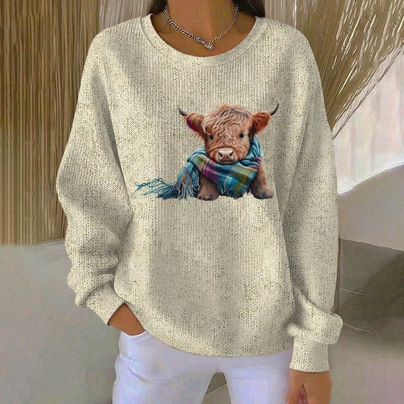 Women's Highland Cow Print Crew Neck Long Sleeve Casual Sweatshirt artswardrobe