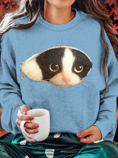 Comstylish Cute Felt Cat Women's Cozy Sweatshirt