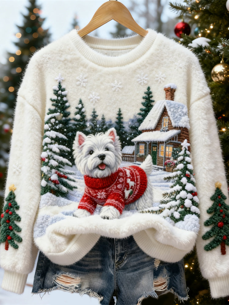 Comstylish Christmas Run Puppy Design Women's Flannel Sweater