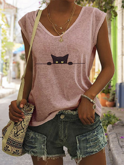 Women's Casual Black Cat Print Vest elevenforest
