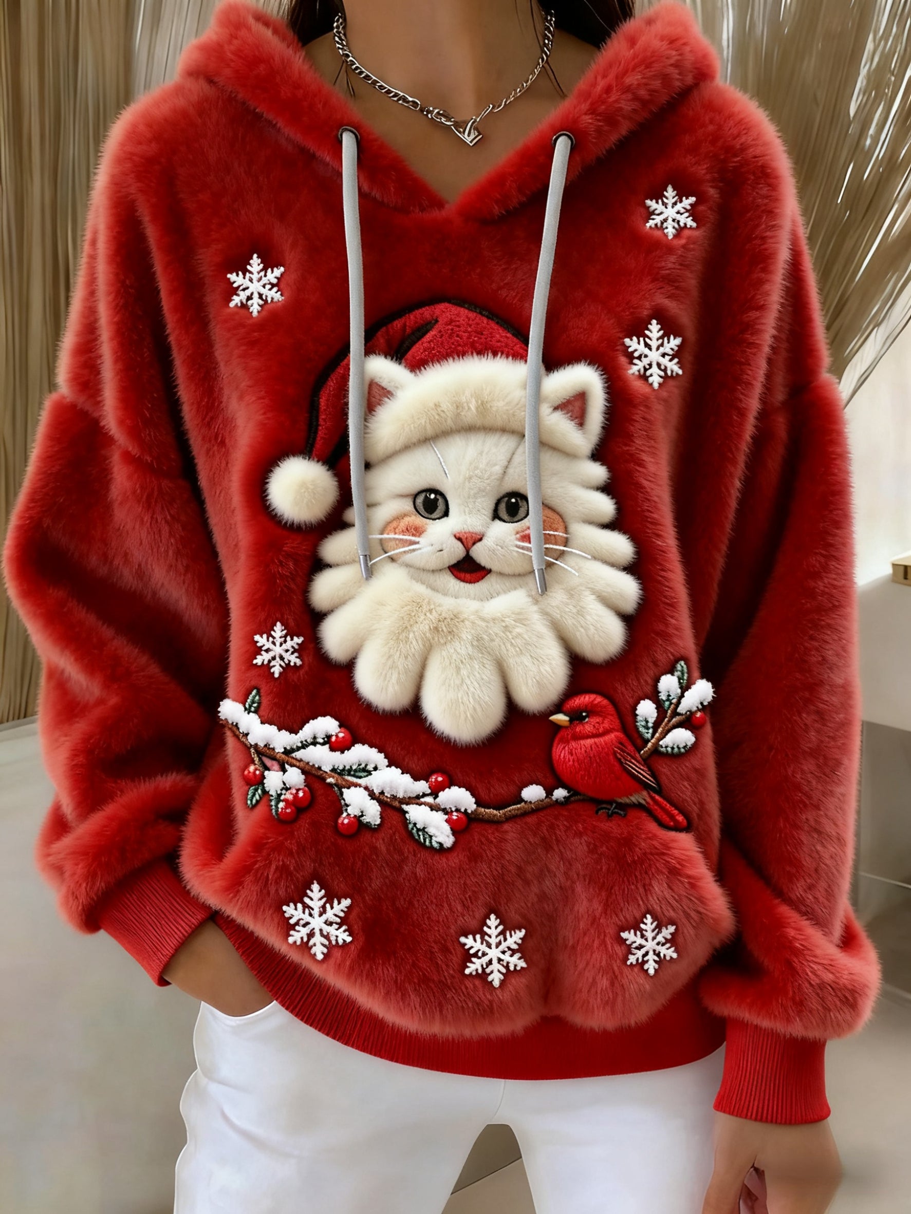 Christmas Santa Cat Art Women's Cozy Plush Hooded Sweater