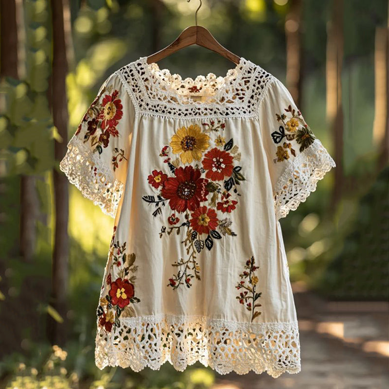 Comstylish Women's Vintage Embroidered Floral Lace Art Blouse