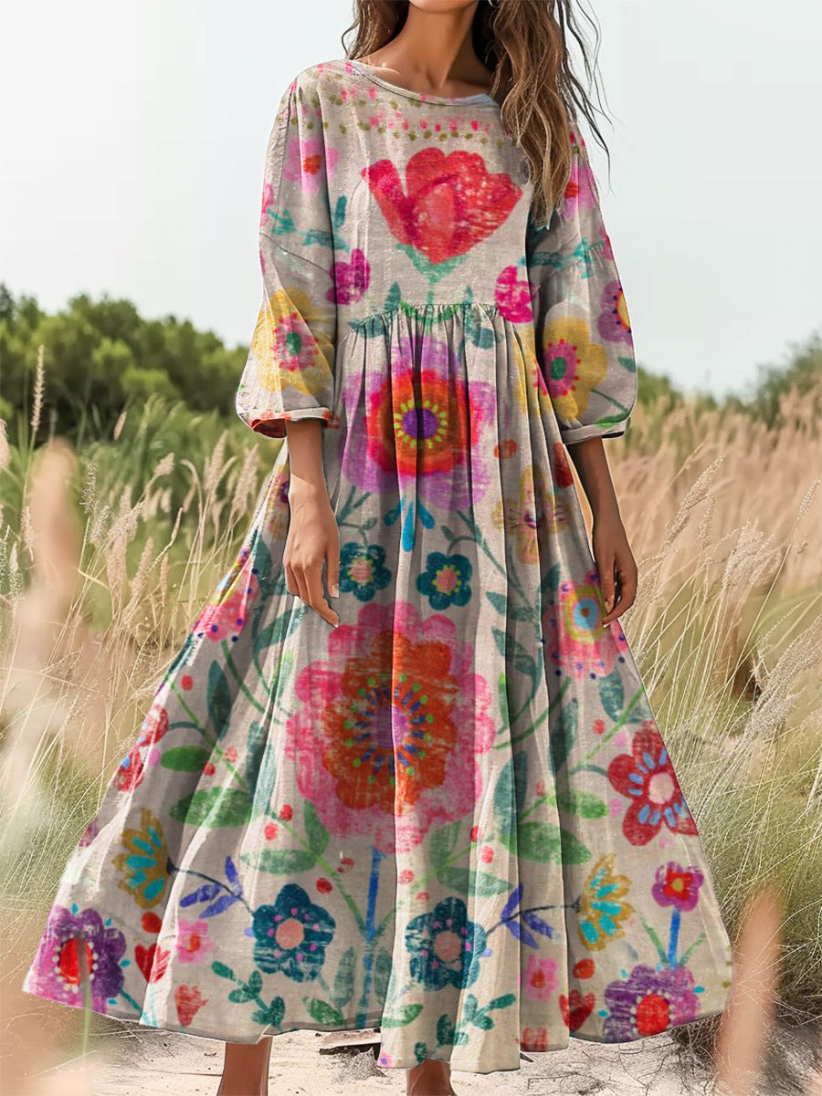 Women's Bohemian Floral Art Print Flowy Crew Neck Cotton Pocket Dress