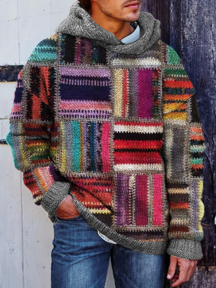 Men's Retro Colorblock Patchwork Cozy Hooded Sweater elevenforest