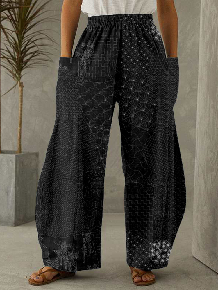 Comstylish Japanese Traditional Sashiko Art Wide Leg Casual Pants