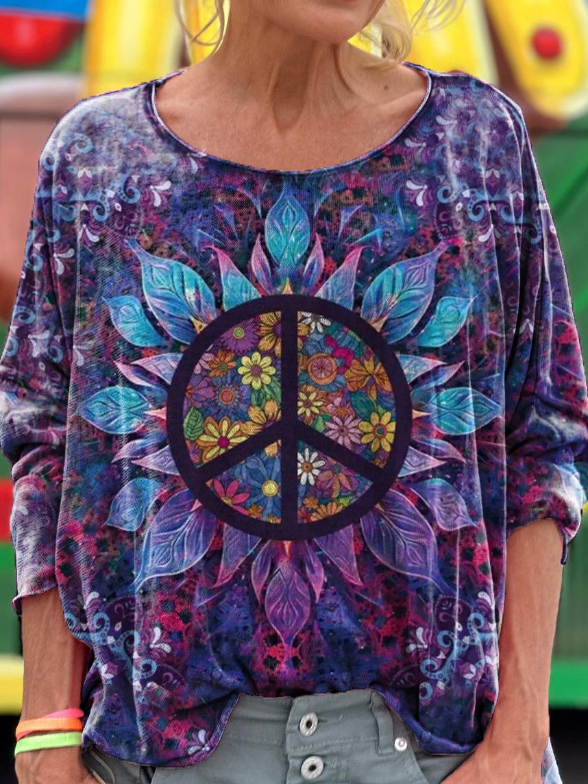 Floral Hippie Art Print Casual Long Sleeve T-Shirt