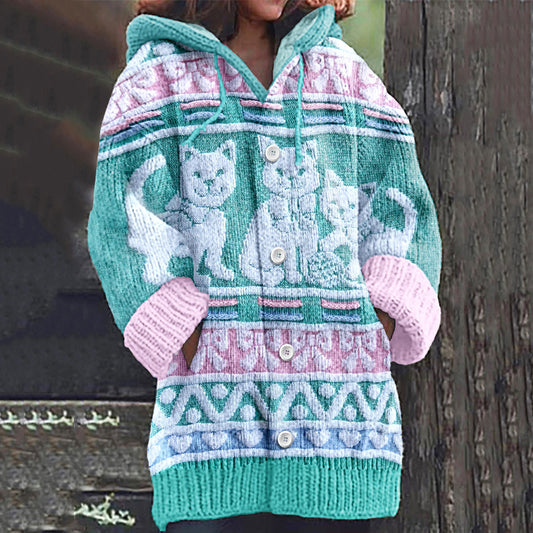 Vintage Fun Cat Family Knitted Jacquard Women's Cardigan Sweater elevenforest