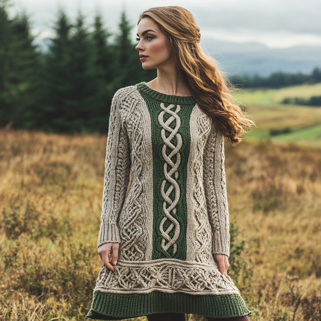 Women's Irish Celtic Knotted Contrast Sweater Dress elevenforest