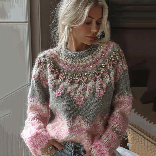 Women's Classic Fairman Island Crochet Contrast Sequin Sweater artswardrobe