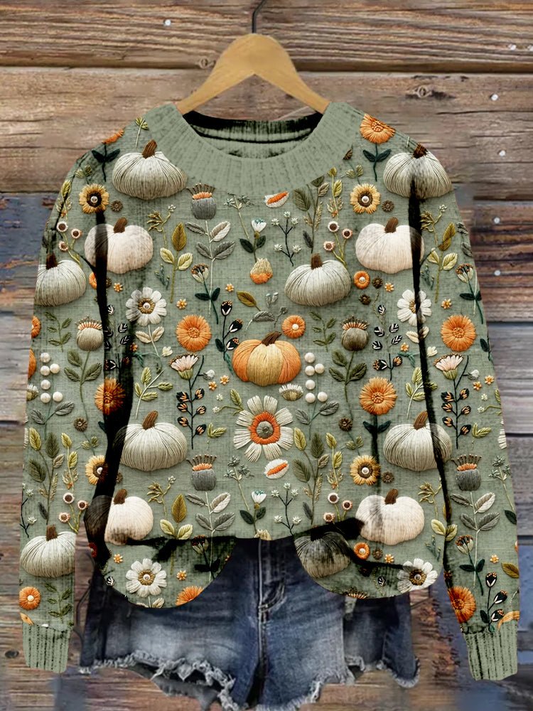 Fall Pumpkins Embroidered Cozy Sweater artswardrobe