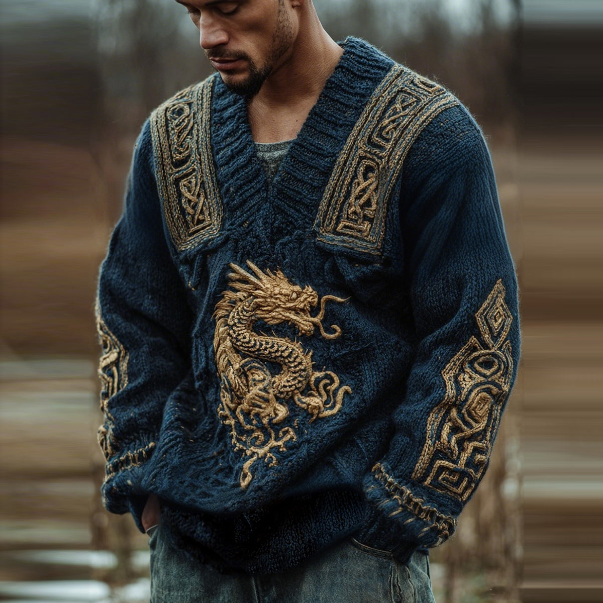 Men's Vintage Viking Dragon Celtic Knot Art Knit Aran Sweater artswardrobe